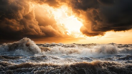 Dramatic waves crash beneath a stormy sky as sunlight breaks through dark clouds over a turbulent ocean.