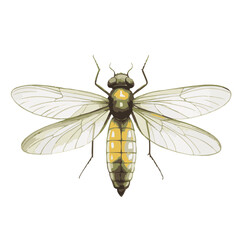 Macro close-up of a hairy insect fly with intricate wings, isolated on a clean white background