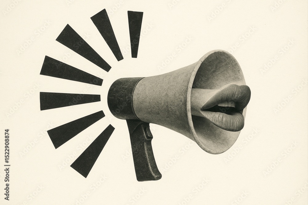 Poster abstract art composition featuring a megaphone with stylized lips symbolizing communication and expr