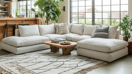 Light beige sectional sofa set, modern, cozy living room