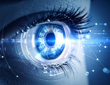 Close-up futuristic eye with digital overlay