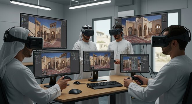 Men in traditional attire wearing VR headsets and interacting with virtual reality design