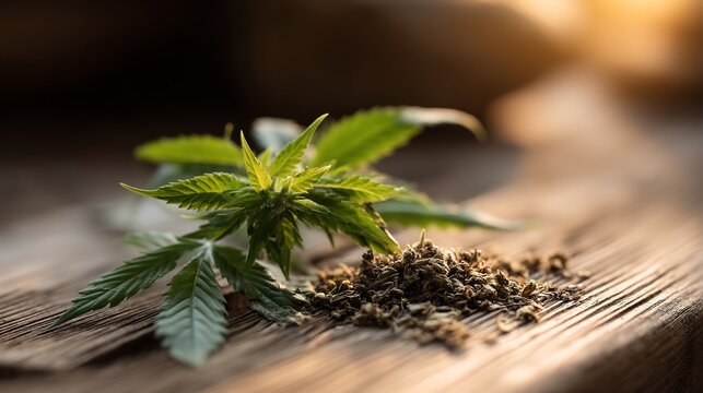 Fresh cannabis plant leaves and dried cannabis flower on a wooden surface.