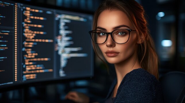 Woman programmer looking at camera in front of computer screen