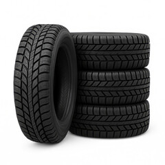 Four black tires stacked on top of each other. The tires are all the same size and are black in color