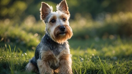 Scottish Terrier resting on grass, featuring a blank area for text.
