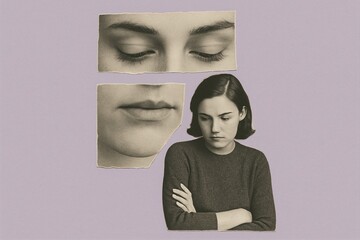 vintage collage pensive woman with closed eyes and sad expression, surrounded by collaged features in muted tones, reflecting emotions and self-reflection