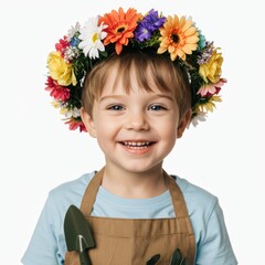 A happy young boy wearing a flower crown is smiling cheerfully.