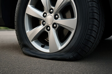 Obraz premium A tire with a hole in it is shown on a road. The tire is flat and has a hole in it