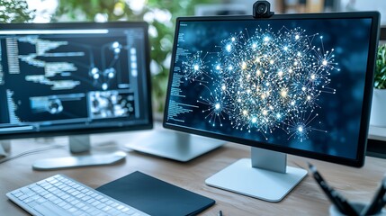 Ai-powered office technology innovations modern workspace digital devices high-tech environment close-up view smart solutions