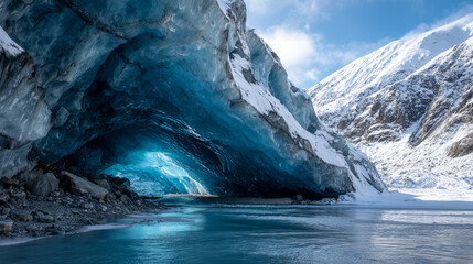 Glacial cave glowing blue, carved into permafrost hillside. Life in permafrost conditions, climate change problems on the planet. Global warming
