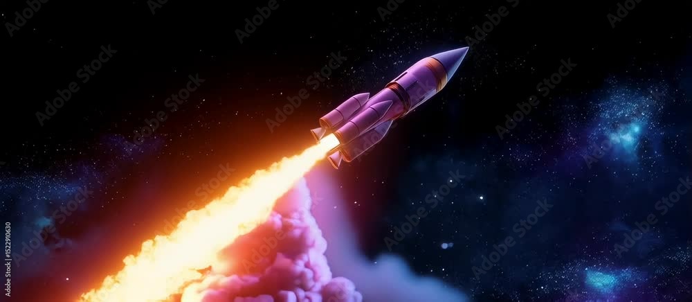 Poster dynamic rocket launch with glowing trails and stylized animation effects in space