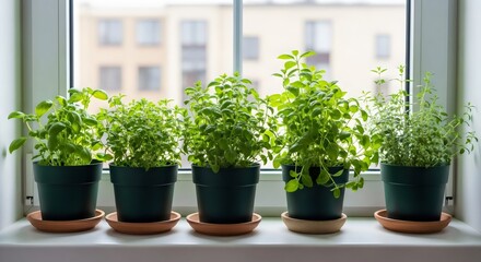 Homegrown Flavor Potted Herbs on Windowsill