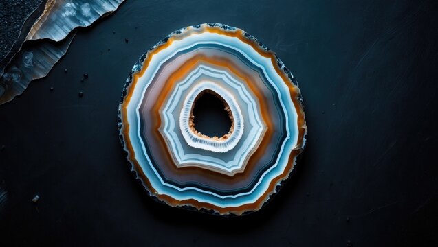 A slice of agate crystal with concentric layers on black surface background