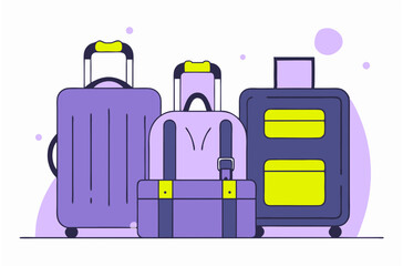 Luggage collection in purple colors arranged for vacation concept  