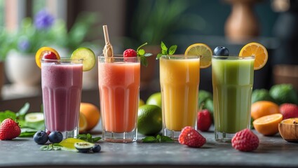 Four kinds of juice of fresh colorful stands on a table