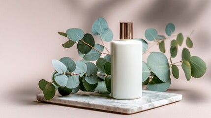 Elegant white bottle on a marble slab surrounded by eucalyptus leaves, soft background