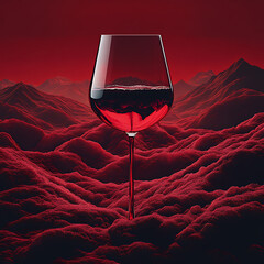 Stunning red wine glass stands elegantly against backdrop of vibrant red mountains and soft, fluffy clouds, creating dramatic and captivating atmosphere. rich color of wine complements surreal