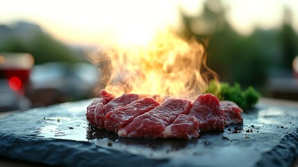 Sizzling japanese hot stone grilling experience outdoor terrace culinary delight sunset view unique dining concept