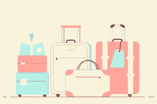 Luggage collection in pastel colors stacked together for travel concept  