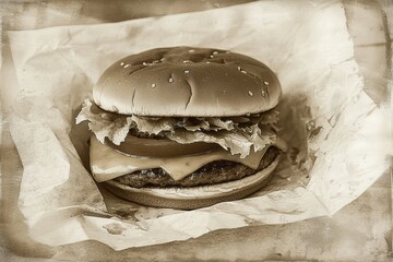 Classic Cheeseburger Wrapped In Paper With Sepia Tones For A Nostalgic Retro Vibe. Evokes Memories Of Vintage Diners