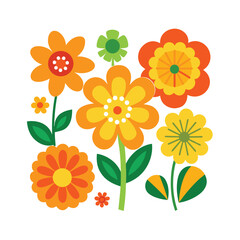 Vibrant retro floral arrangement in orange yellow and green on white
