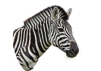 A zebra head shot against white background