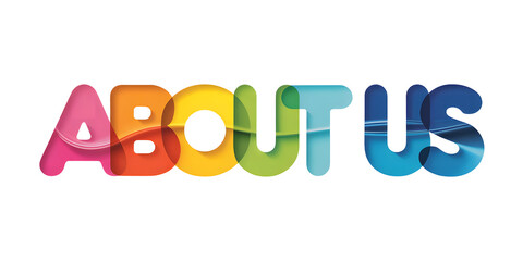 "ABOUT US" text in layered transparent rainbow font with flowing wave texture

