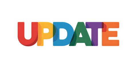 "UPDATE" text in bold overlapping rainbow letters with flat graphic style

