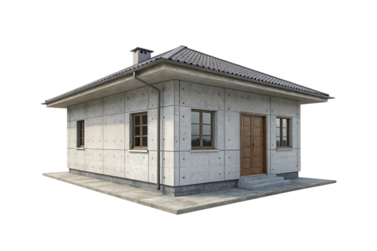 Modern single-story concrete house with hip roof, wooden door, multiple windows, and contemporary residential design, isolated on a transparent background