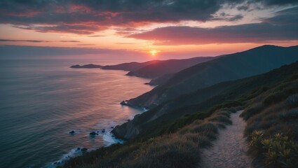 Fototapeta premium Coastal Sunset View From An Elevated Hiking Trail with Empty Copy Space For Text