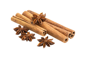 Cinnamon sticks bundled with star anise pods in natural arrangement, isolated on a transparent background