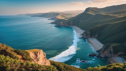 Fototapeta premium Stunning coastal landscape view with cliffs, waves, and lush hills.