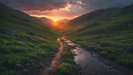 Spring showers at sunset on a scenic hiking trail with green rolling hills. Featuring unoccupied space for text.
