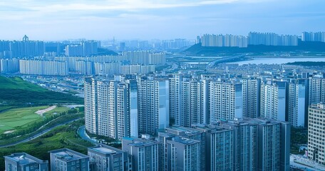 Fototapeta premium Overview of Incheon's vibrant skyline with high-rise buildings.