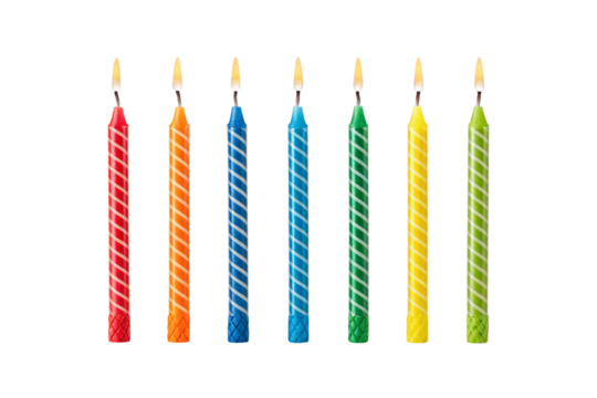 Lit birthday candles spiral twisted colorful flames celebration party decoration festive vertical standing burning, isolated on a transparent background