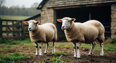 Obraz premium Two sheep in the barnyard at old stone barn with empty space for text