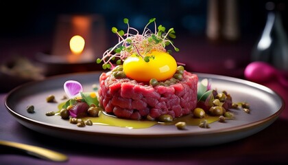 Tatar aus rohem Rindfleisch, angerichtet als Kugel mit Eigelb, Kapern und Zwiebeln – feine Restaurantpräsentation