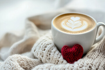 coffee mug with milk foam and knitted red heart on knitted beige blanket