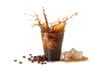 Iced coffee splash with coffee beans and sugar cubes scattered around glass creating energetic beverage photography composition, isolated on a transparent background