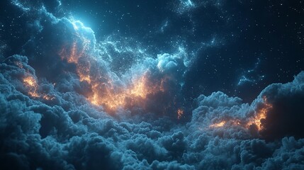 Fototapeta premium Celestial tapestry A dance of starlight and ethereal clouds kissed with fiery whispers on a dark sky