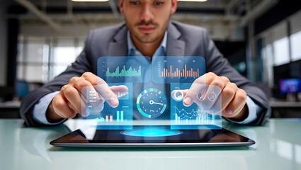 Businessman using a digital touchscreen for virtual communication and network success