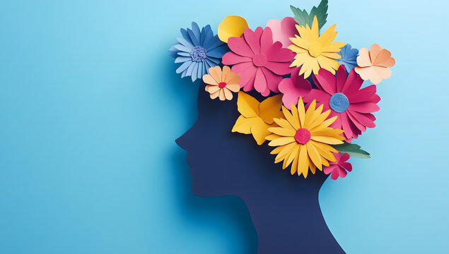 World Mental Health Day theme. Paper human head silhouette adorned with flowers against a blue backdrop.