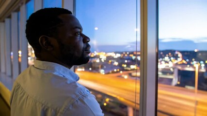 African American man stands gazing at city lights from high-rise window during twilight - Powered by Adobe