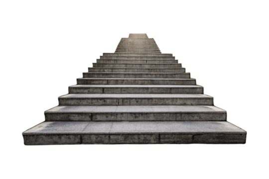 Stone steps ascending in pyramid formation with weathered concrete blocks arranged symmetrically, isolated on a transparent background