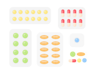 Set of tablets and capsules. Various blisters. Medical preparations. Pharmaceutical elements
