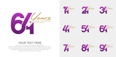 Anniversary logo set vector design, purple and gold color for celebration event
