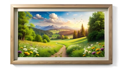 Framed landscape painting of a path through a meadow
