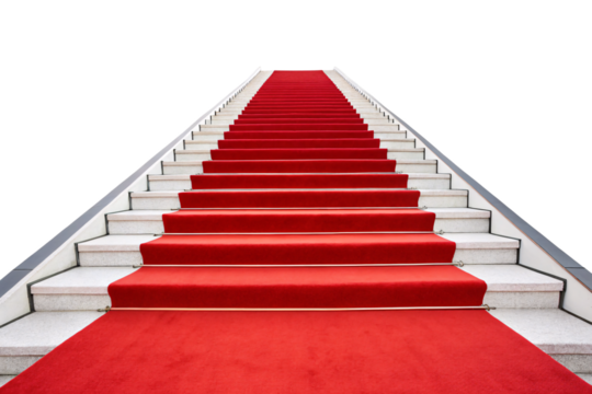 Wide red carpet staircase extending upward with white marble steps and modern architectural clean design elements, isolated on a transparent background