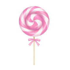Watercolor illustration of a pink round lollipop on a stick. Sweet and playful design, perfect for candy-themed projects, packaging, greeting cards, or children's decor.
